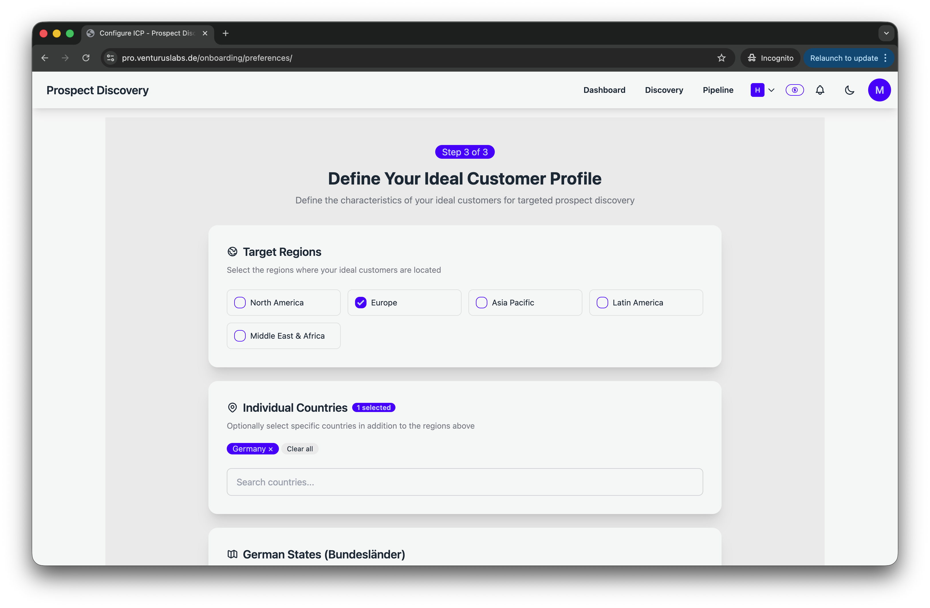 Ideales Kundenprofil mit Region, Land und Bundesland definieren
