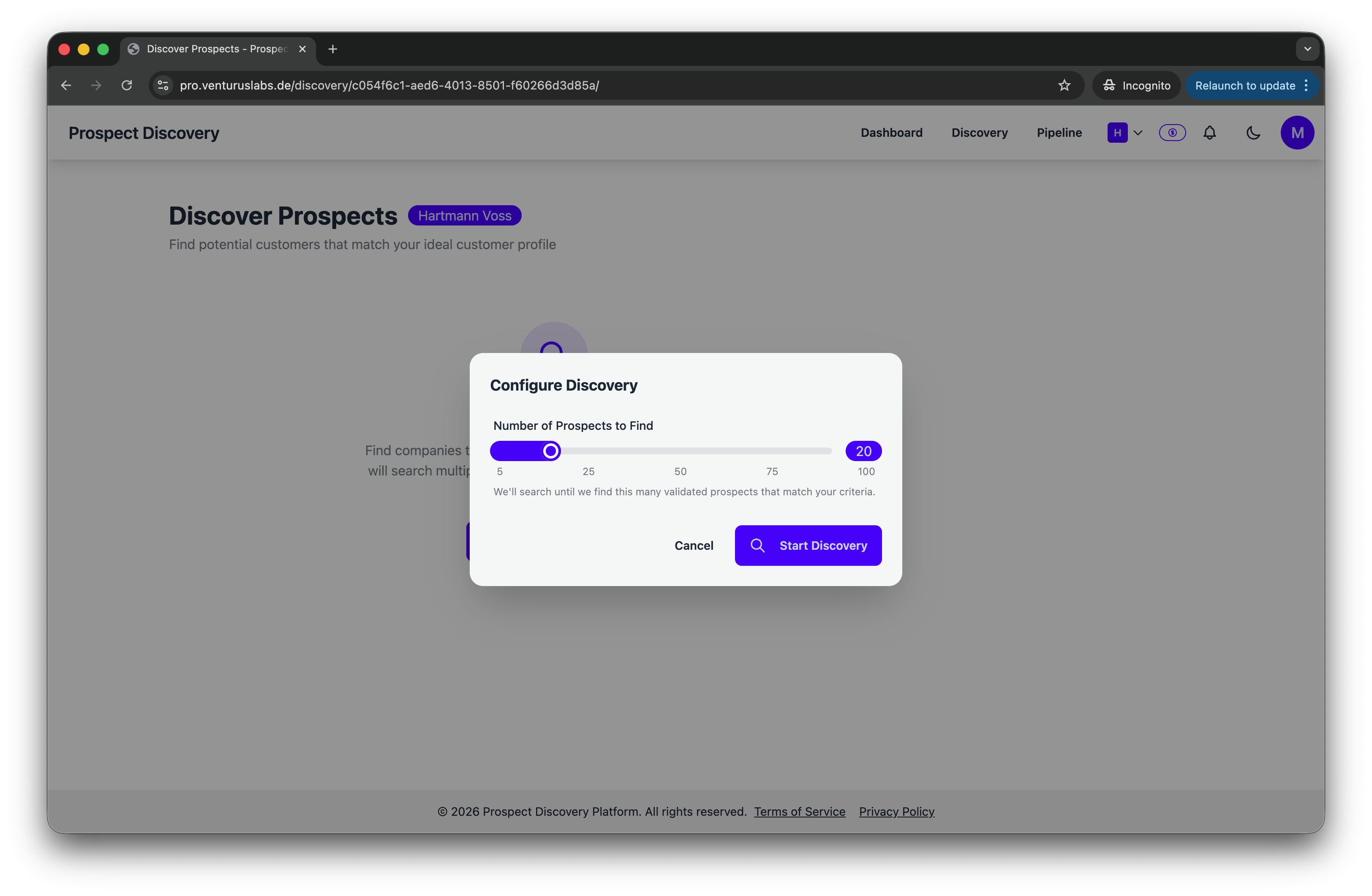 Discovery konfigurieren — Anzahl der zu findenden Interessenten wählen